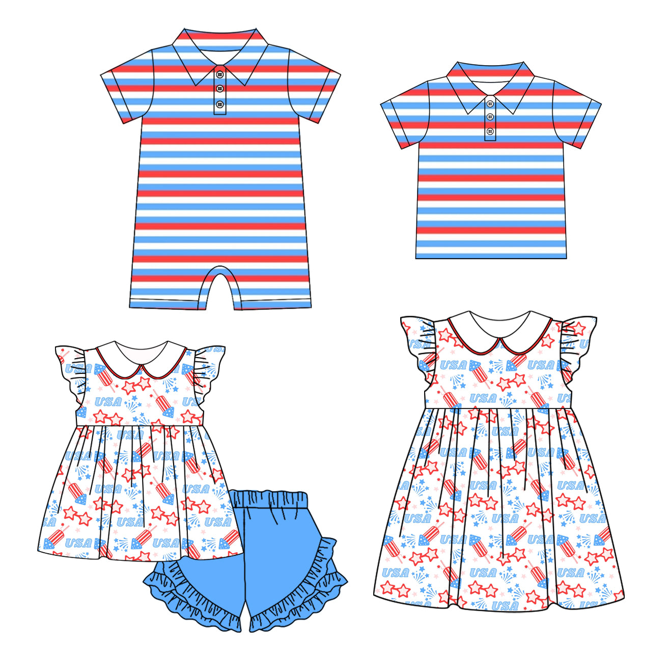 Preorder moq 5 Custom Baby Kids Short Sleeves Blue Red Stars Fireworks Tunic Shorts 4th Of July Set Button Polo Shirts Knee Length Dress Romper