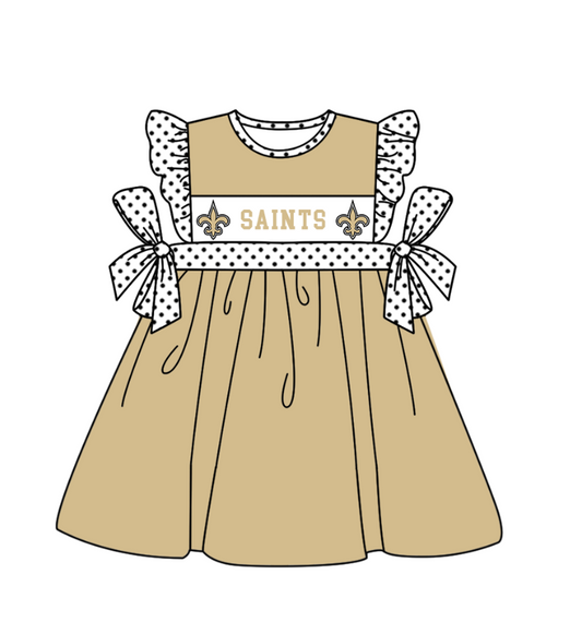 Preorder (moq 5)Baby Girls Polka Dots Flutter Sleeve Saints Team Knee Length Dresses