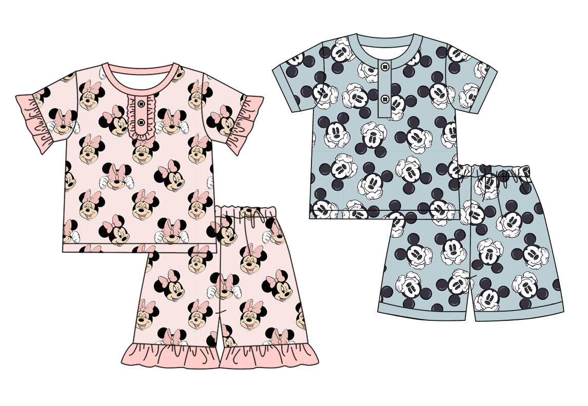 Preorder moq 5 Custom Baby Kids Short Sleeves Cartoon Mouses Button Top Short Pajamas Sets