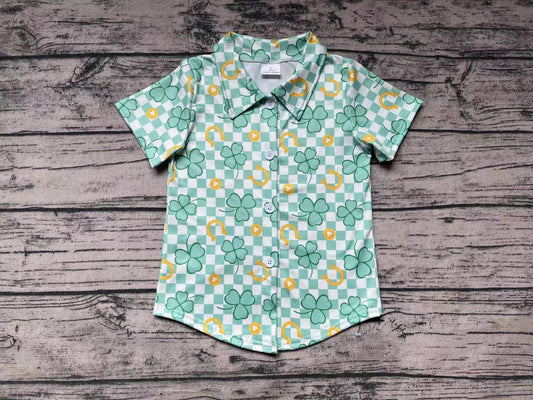 Baby Boys Green Checkered Quatrefoil St Patrick Days Buttons Tee Shirts