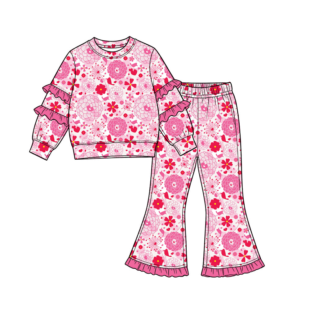 Preorder (moq 5) Baby Girl Clothes Pink Red Peony Flower Allover Print Long Sleeve Tiered Ruffle Top Ruffle Flare Pant Set