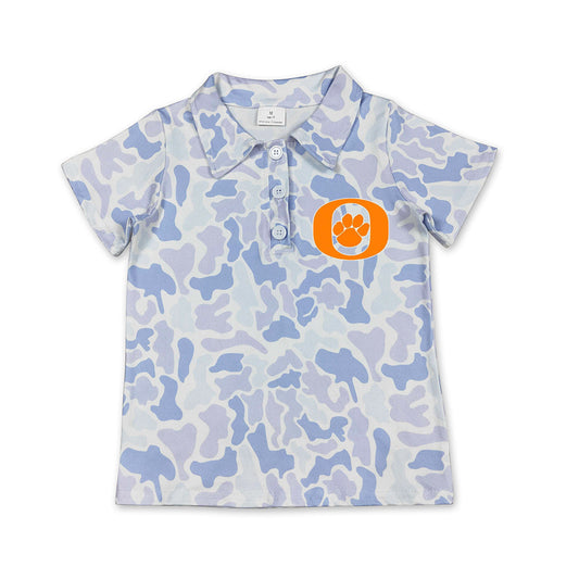 Preorder (moq 5)Baby Boys Light Blue Camo Orangefield Bobcat Team Button Polo Shirt Top