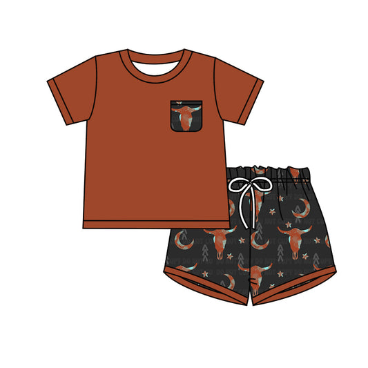 Baby Boys Brown Pocket Shirts Longhorn Shorts Clothes Sets preorder(moq 5)