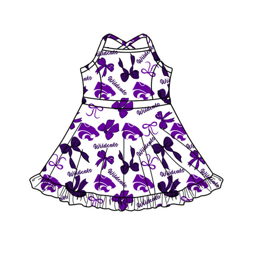 Preorder (moq 5)Baby Girls Strap Wildcats Bows Team Shorts Ruffle Knee Length Dresses