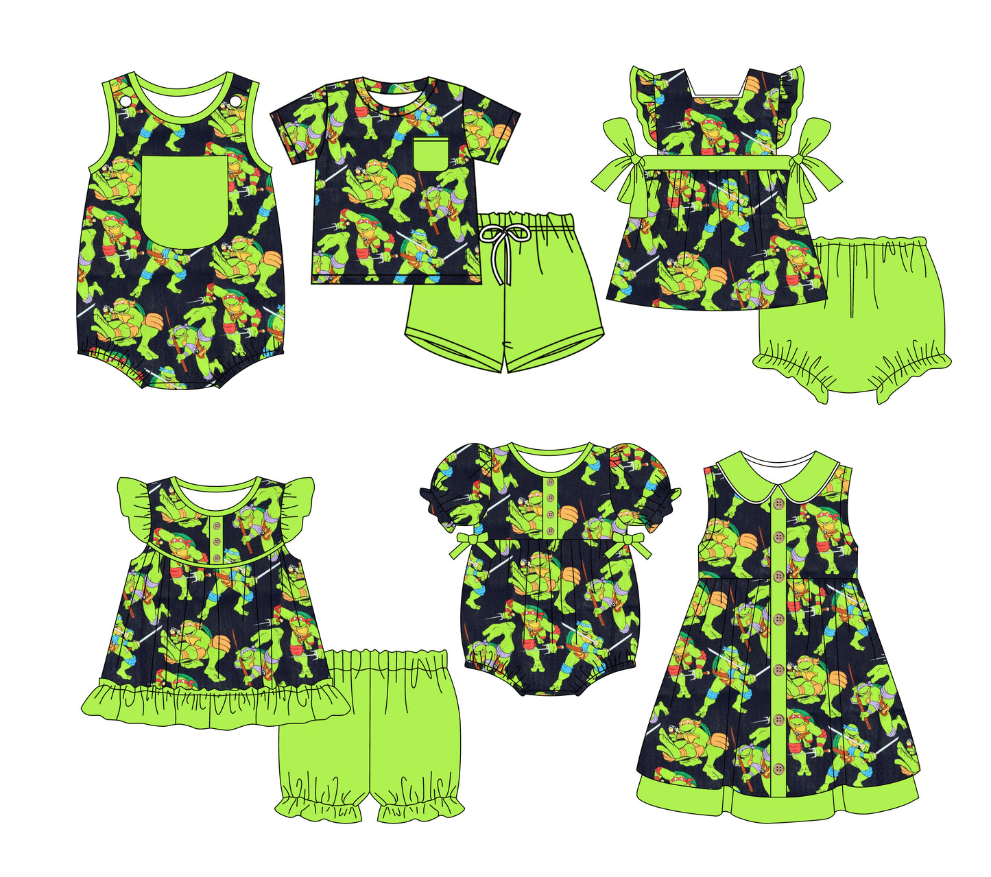 Preorder moq 5 Custom Baby Kids Green Pocket Button Cartoon Green Giant Top Short Bummies Sets Dresses And Rompers