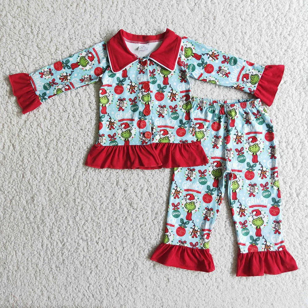 Sibling Baby Kids Green Faces Miss Button Top Pants Christmas Pajamas Sets