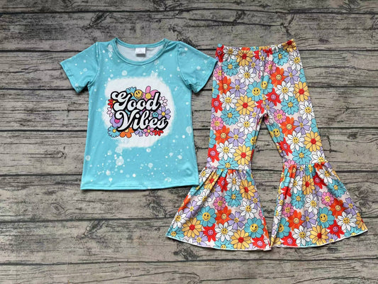 Baby Girls Blue Good Top Flowers Bell Pants Clothes Sets