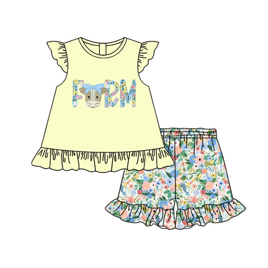 Preorder (moq 5)Baby Girls Farm Cow Tunic Flowers Ruffle Shorts Clothes Sets