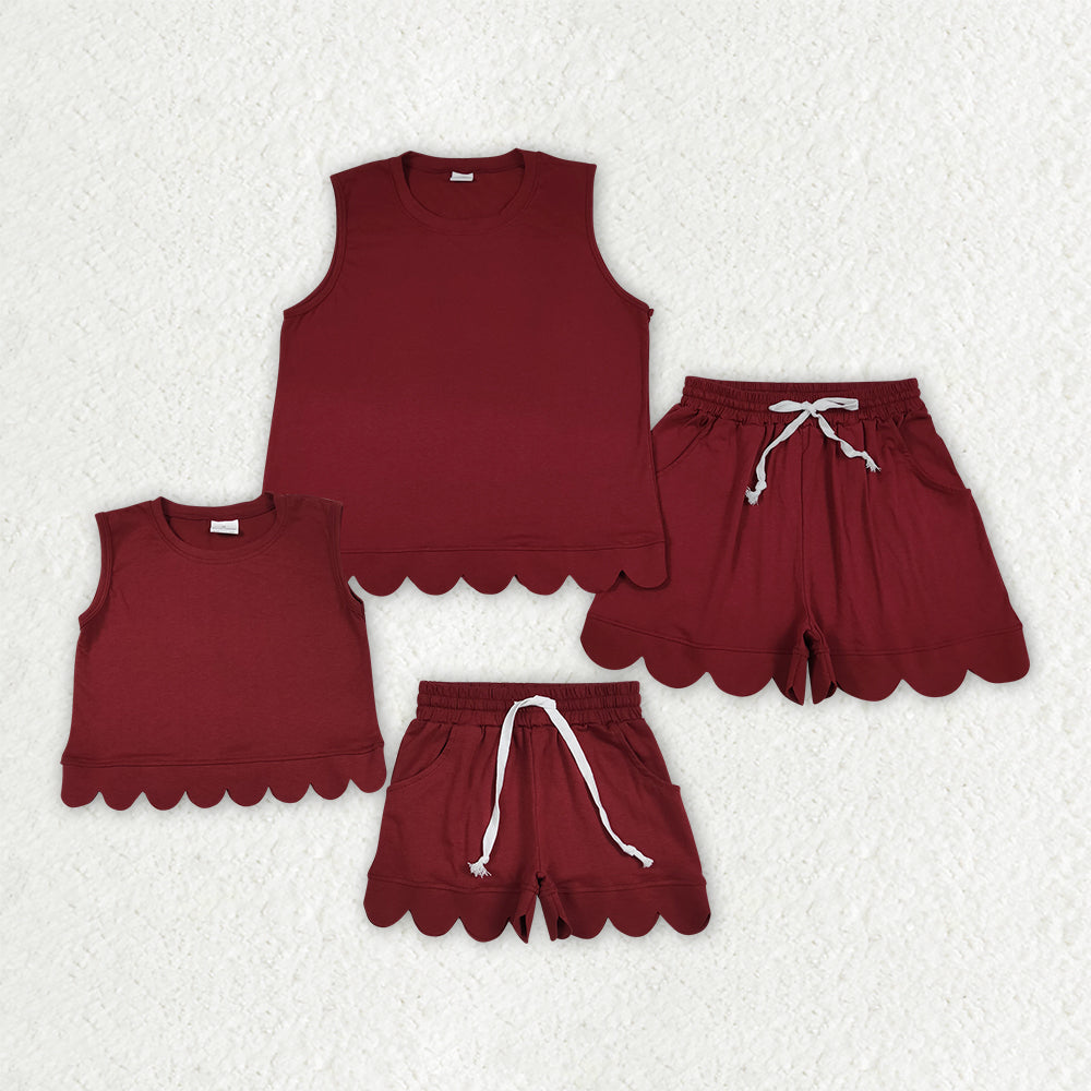 Mama and Me Girls Maroon Sleeveless Vest Pockets Short Cotton Scallop Clothes Sets