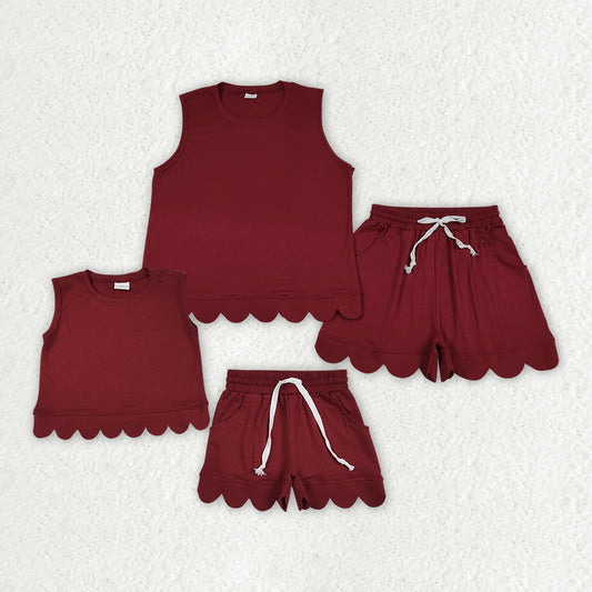 Mama and Me Girls Maroon Sleeveless Vest Pockets Short Cotton Scallop Clothes Sets