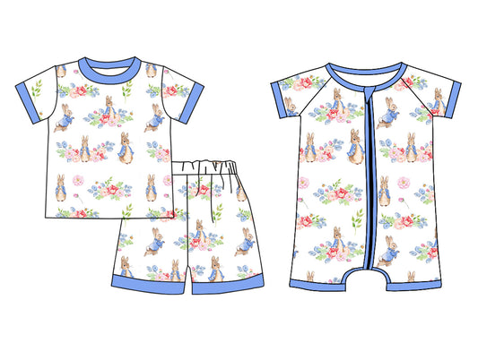 Preorder(moq 5 each)Sibling Baby Girls Blue Easter Bunny Flowers Top Shorts Pajamas Rompers Clothes Sets