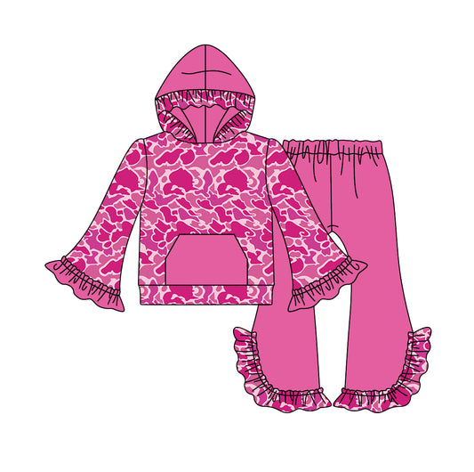 Baby Girls Hot Pink Camo Pocket Hooded Top Ruffle Pants Clothes Sets Preorder(moq 5)