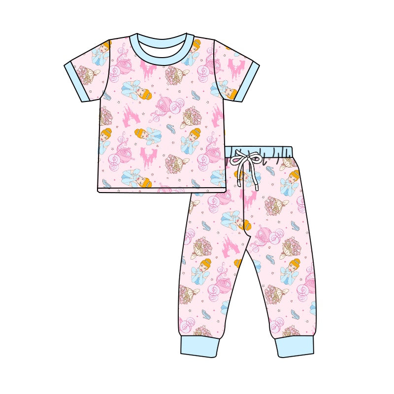 Baby Girls Princess Castle Pink Shirt Pants Pajamas Clothes Sets Preorder(moq 5)