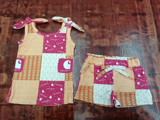 Preorder moq 5 Baby Girls Strap Floral Plaid Top Pockets Short Set