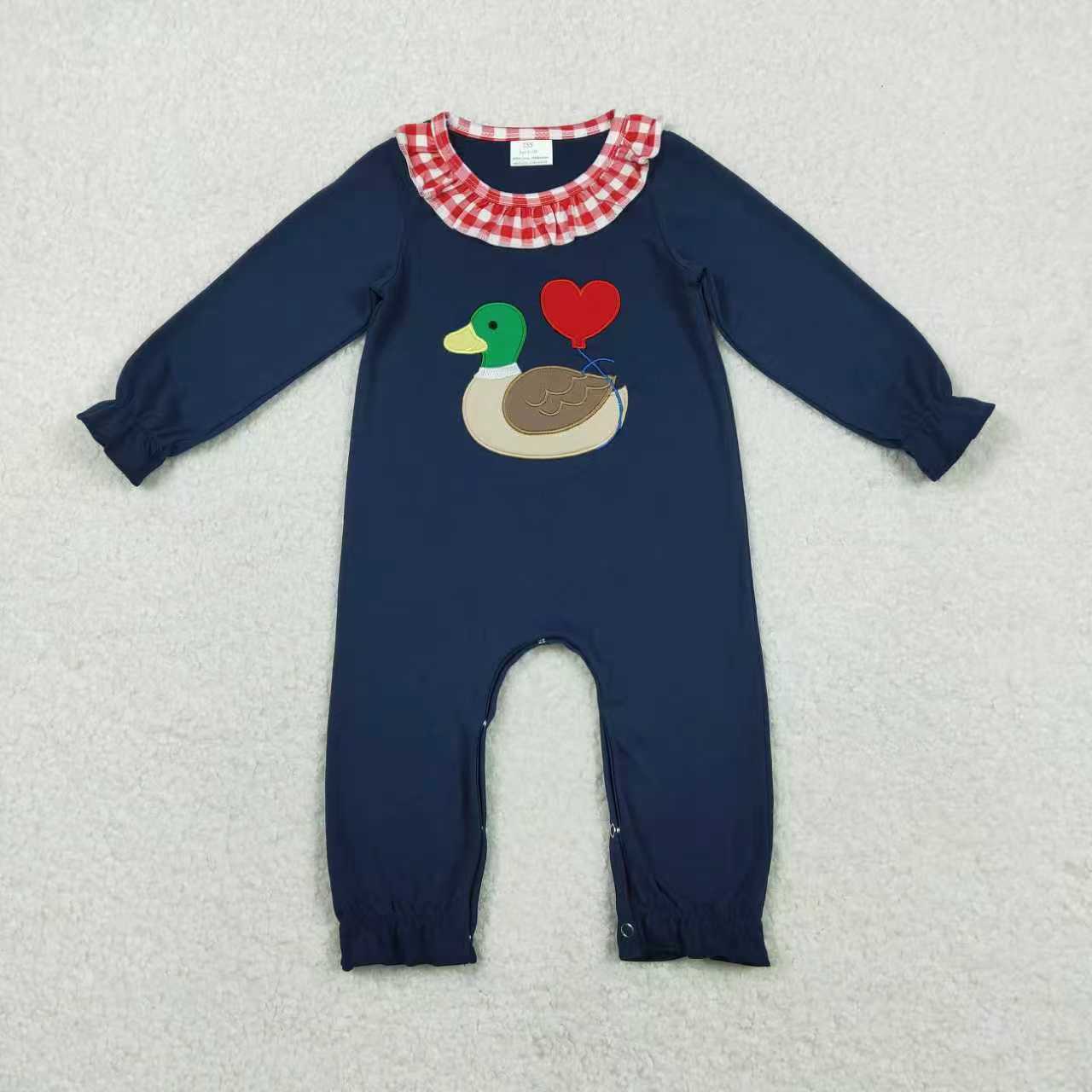 Sibling Baby Boys Girls Embroidery Duck Hearts Red Checked Pant Valentines Clothes Sets Footie Rompers