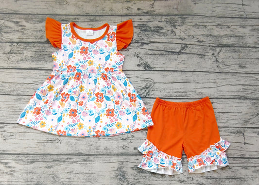 Baby Girls Flutter Sleeve Floral Tunic Top Ruffle Shorts Summer Clothes Sets
