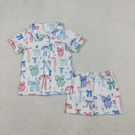 Baby Girls Colorful Bows Buttons Shirts Top Shorts Pajamas Sets