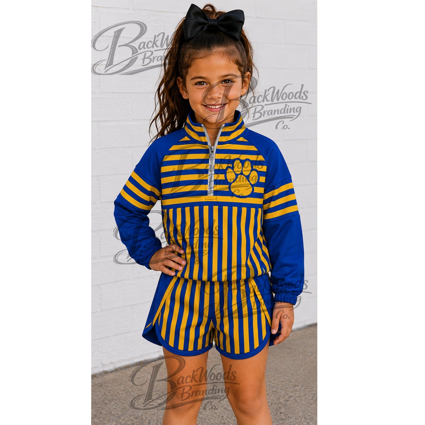 Preorder (moq 5)Baby Girls Blue Yellow Stripe Cat Zip Pullovers Short Team Clothes Sets