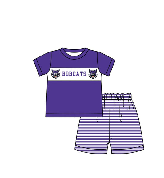 Preorder (moq 5)Baby Boys Purple Short Sleeve Bobcats Top Stripe Short Team Clothes Sets