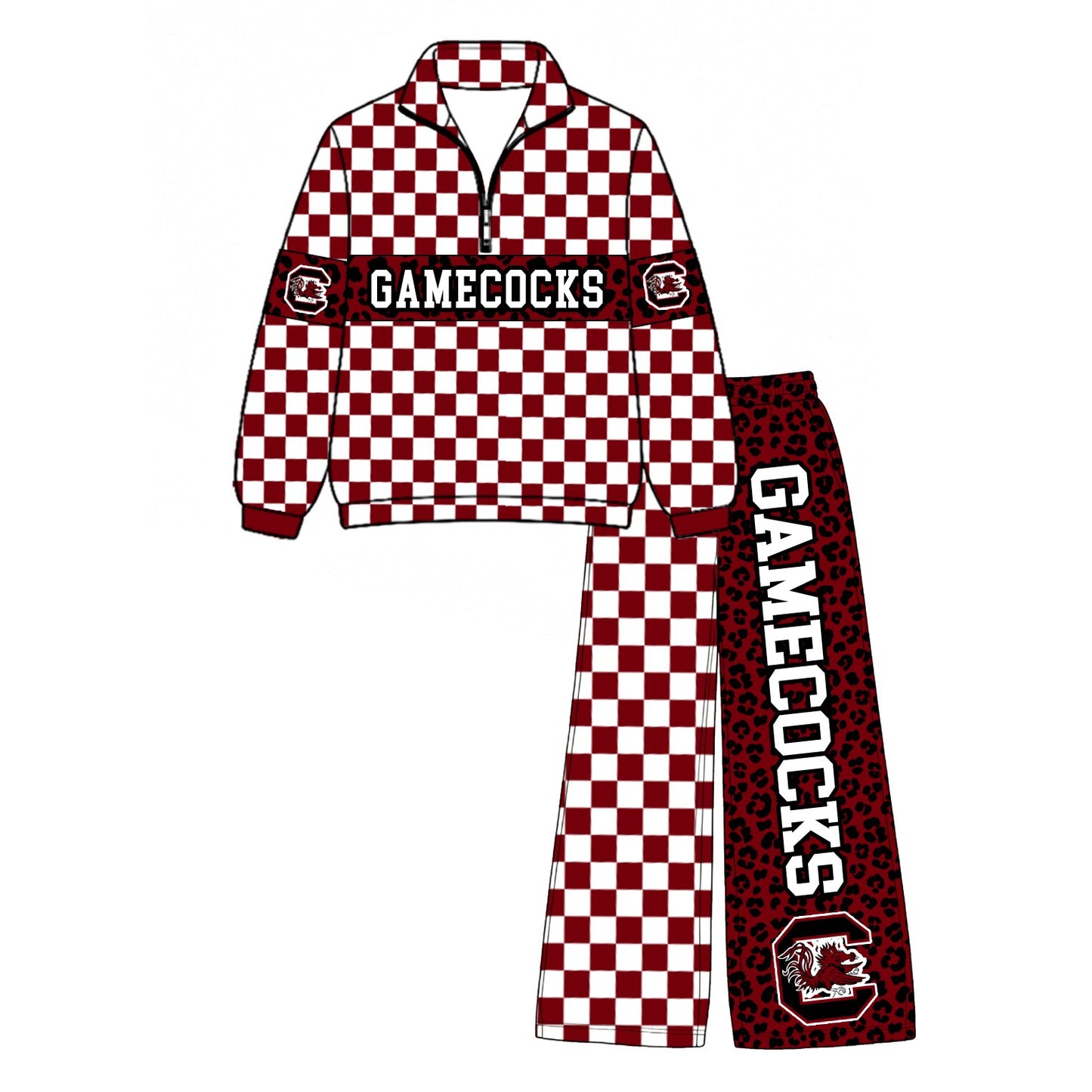 Preorder(moq 5)Baby Boys Maroon Checked Leopard Gamecocks Zip Pullover Pockets Pants Team Clothes Sets