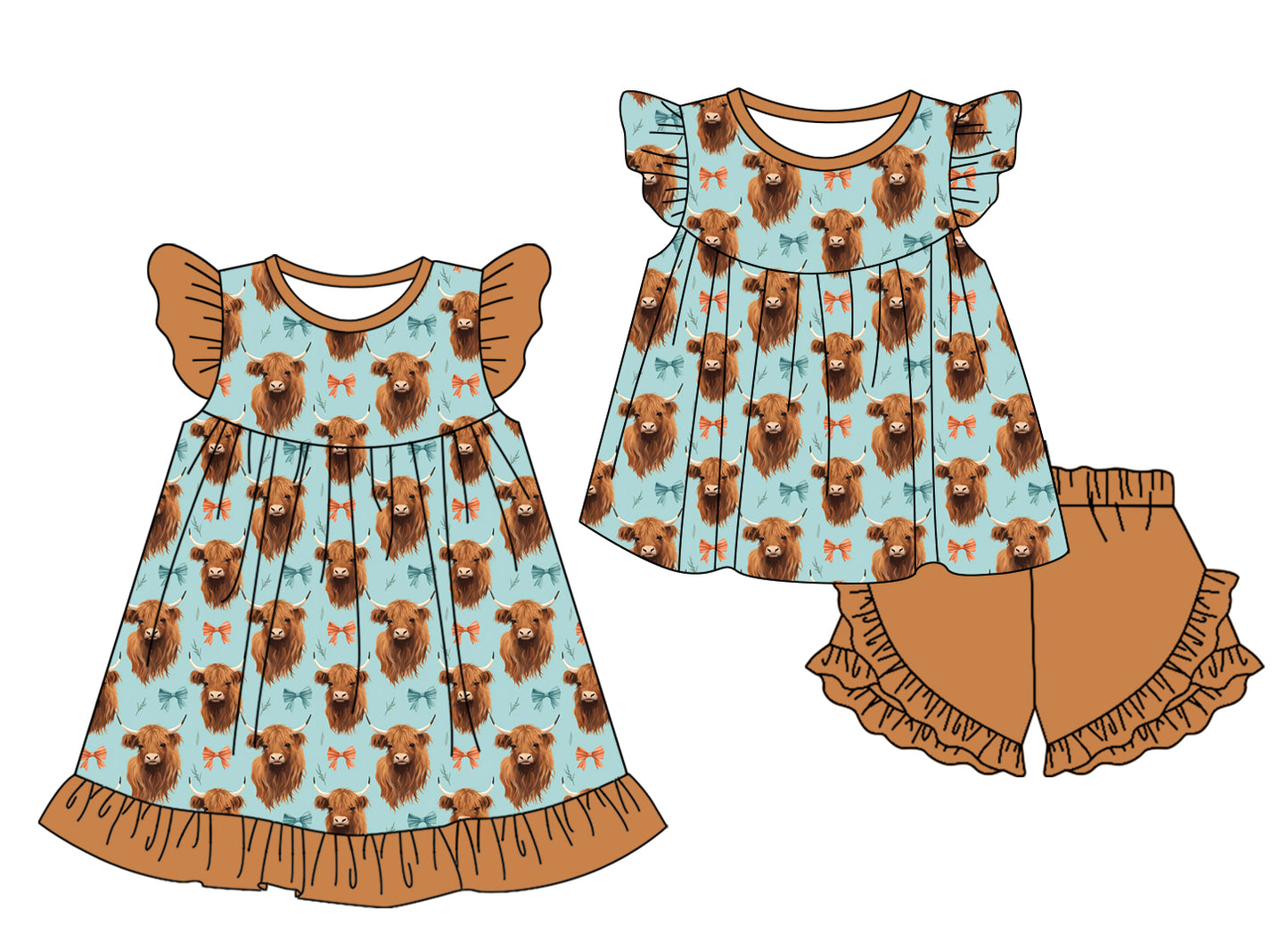 Preorder moq 5 Custom Baby Girls Highland Cows Bows Tunic Ruffle Short Set Knee Length Dresses