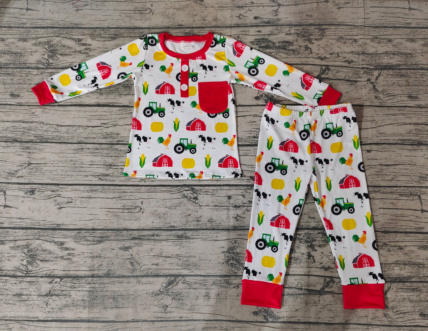 Baby Boys Fall Farm Red Top Pants Long Sleeve Pajamas Clothes Sets