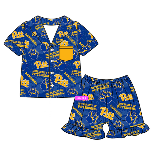 Preorder (moq 5)Baby Girls Short Sleeves Blue Panthers Button Pocket Top Ruffle Shorts Team Pajamas Set