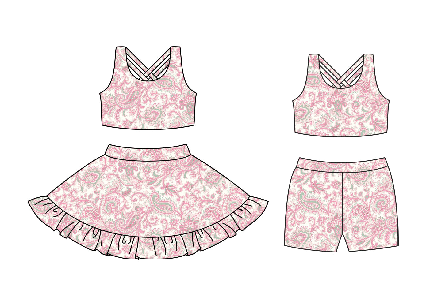 Preorder moq 5 Custom Baby Girls Pink Sleeveless Floral Top Ruffle Skirts Set Biking Sets