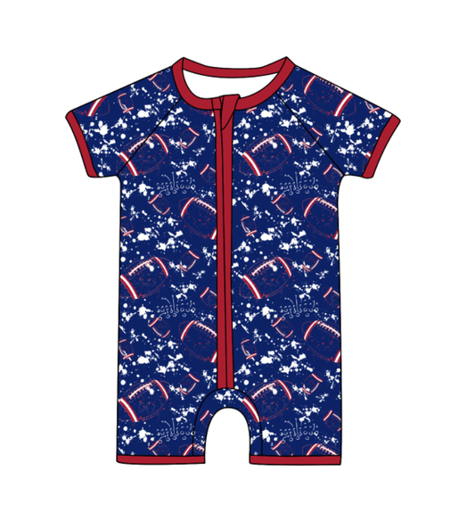 Preorder (moq 5)Baby Boys Short Sleeve Tie-dye Footballs Print Team Zip Rompers
