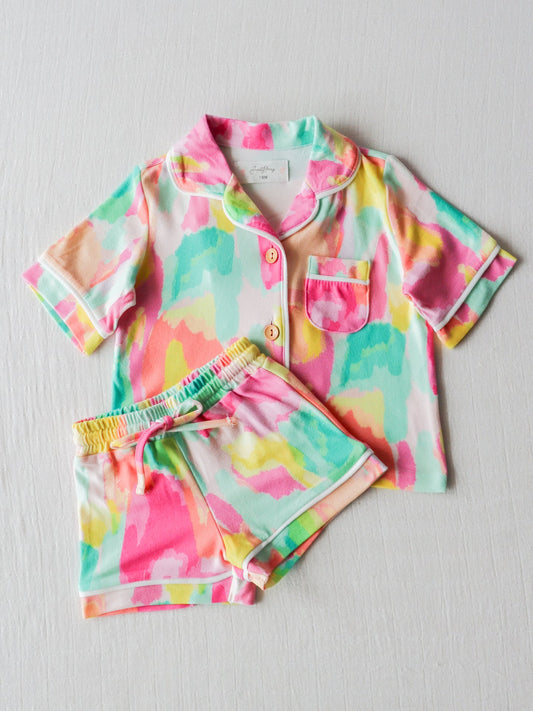 Baby Girls Tie Dye Buttons Top Shirt Shorts Pajamas Clothes Sets preorder (moq 5)