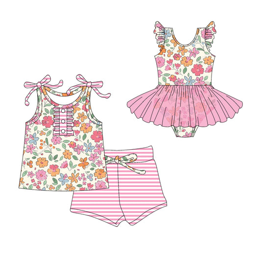 Preorder moq 5 Custom Baby Girls Pink Strap Colorful Floral Button Top Stripe Short Set Skort Bummise Romper