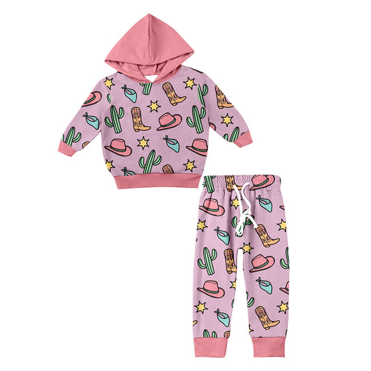 Baby Girls Western Pink Boots Hooded Top Pants Clothes Sets Preorder(moq 5)