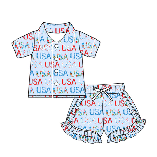 Baby Girls USA  Buttons Top Ruffle Shorts Pajamas Sets preorder(MOQ 5)