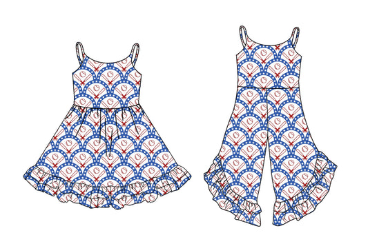 Preorder moq 5 Custom Baby Girls Strap Blue Stars Baseballs Ruffle Jumpsuits Knee Length Dresses
