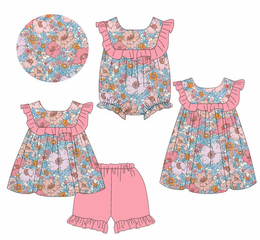 Preorder moq 5 Custom Baby Girls Sleeveless Pink Floral Round Collar Tunic Ruffle Short Set Knee Length Dress And Rompers