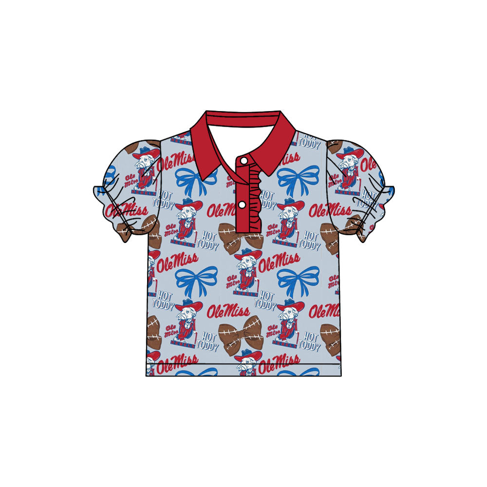 Preorder(moq 5)Baby Girls Olemiss Bows Team Short Sleeve Tee Pullovers Polo Shirts Tops