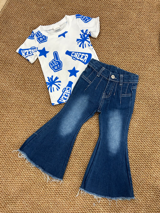 Baby Girls Cheer Team Shirt Bell Denim Pants Clothes Sets