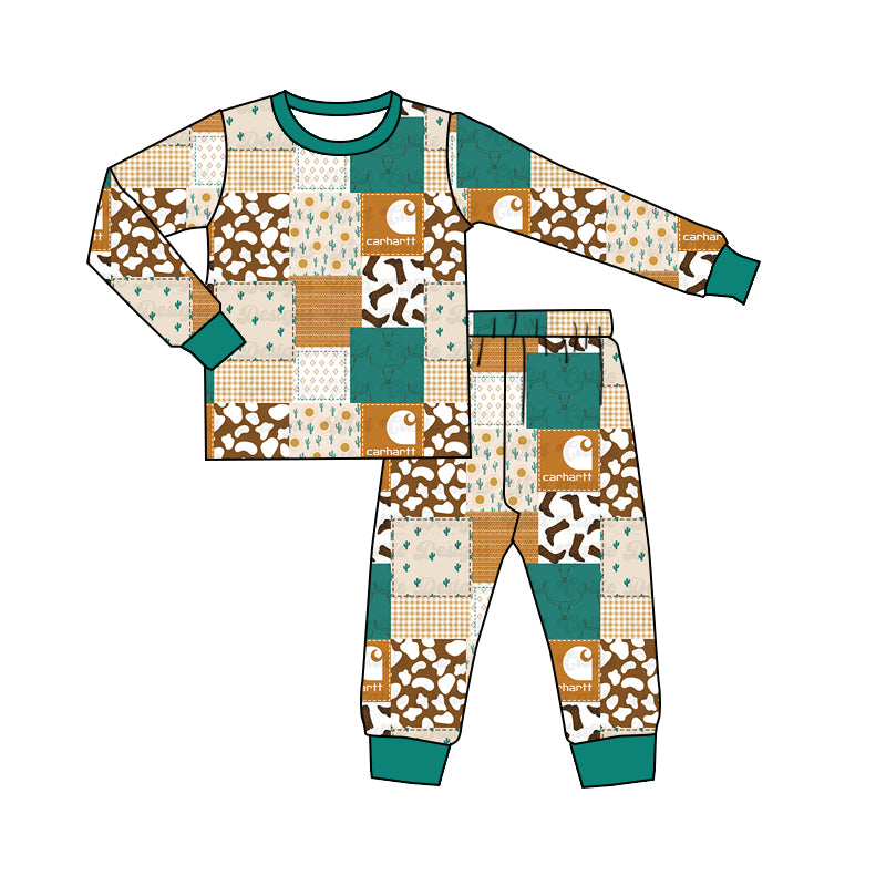 Baby Boys Green Western Patchwork Shirt Pants Pajamas Clothes Sets Preorder(moq 5)