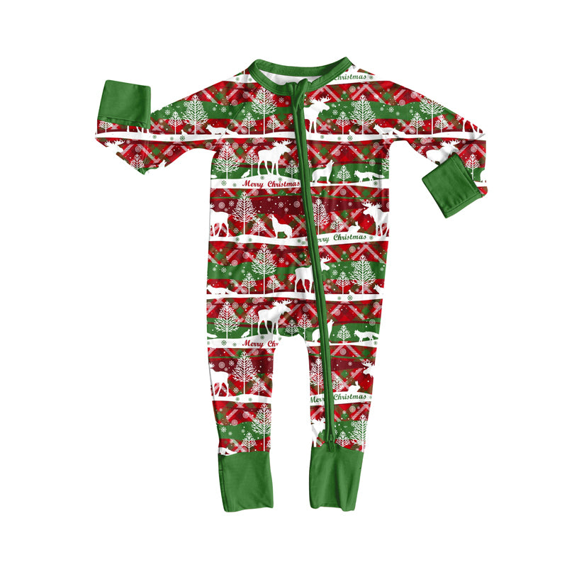 Preorder (moq 20)Baby Boys Bamboo Deer Tree Aztec Stripes Merry Christmas Zippy Footie Rompers