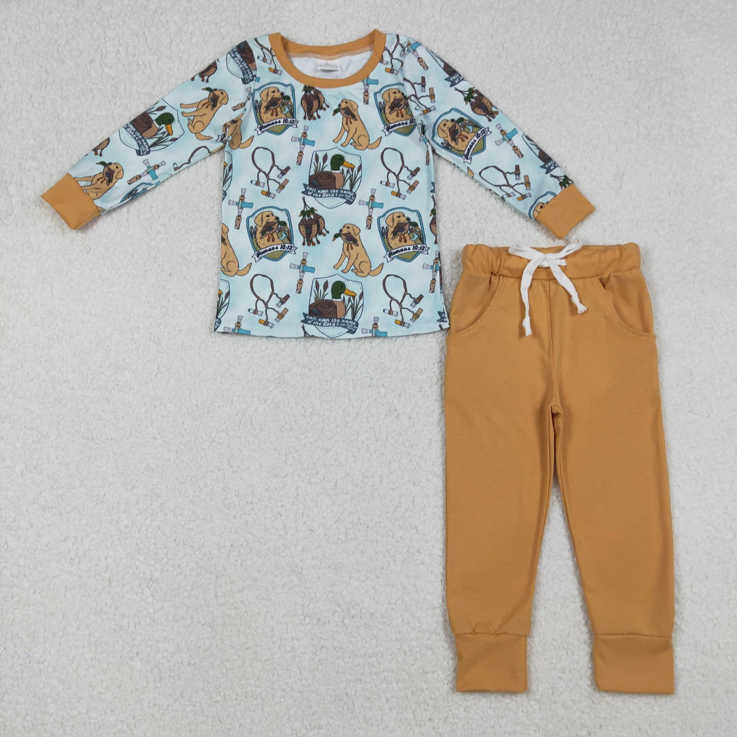 Sibling Baby Boys Dog Ducks Top Pockets Pant Hunting Clothes Sets Rompers