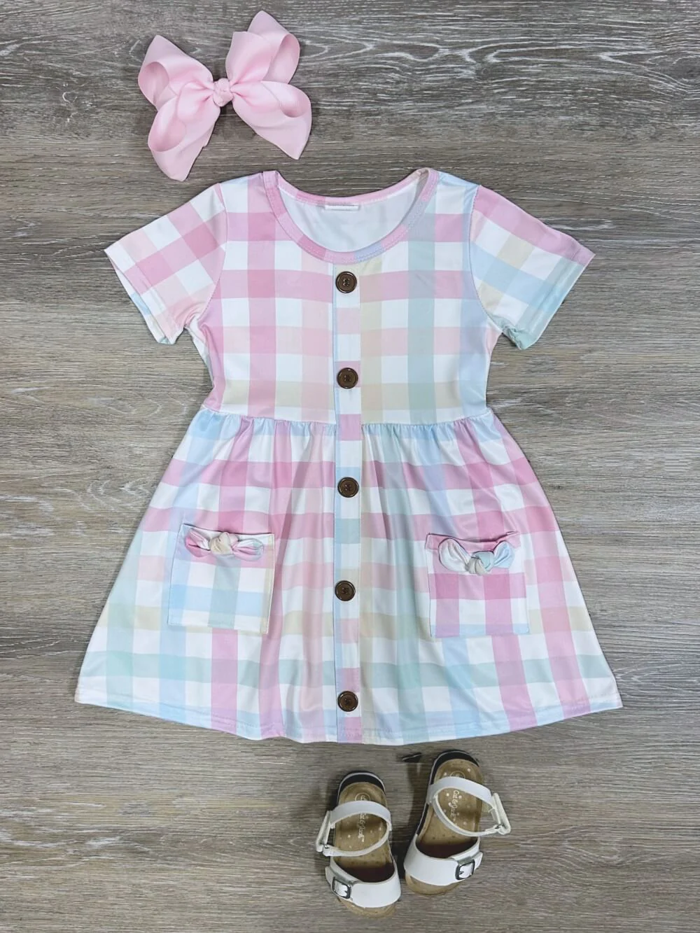 Baby Girls Pink Plaid Short Sleeve Pocket Knee Length Dresses