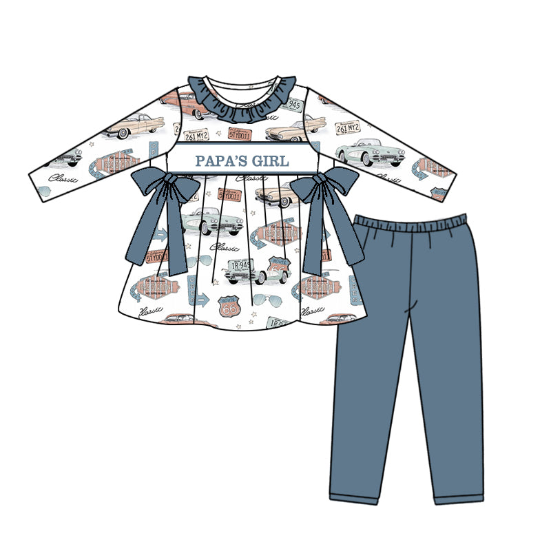 Preorder (moq 5)Baby Girls Long Sleeves PAPA'S GIRL Cars Tunic Blue Legging Pant Set