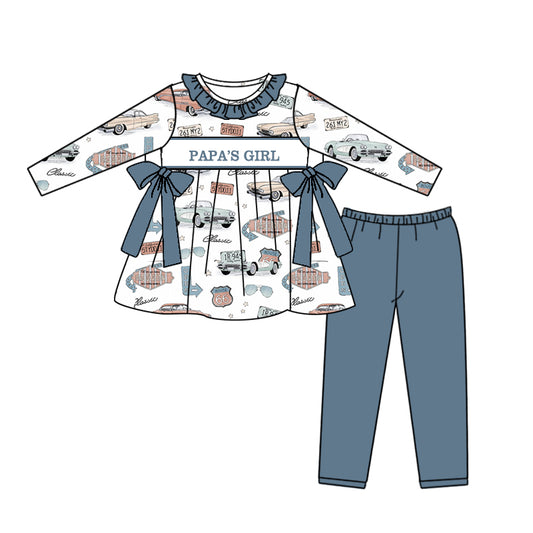 Preorder (moq 5)Baby Girls Long Sleeves PAPA'S GIRL Cars Tunic Blue Legging Pant Set
