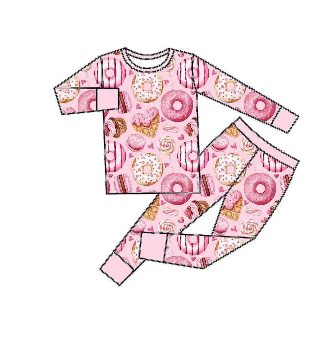 Preorder (moq 5)Baby Girls Hearts Donuts Top Pants Valentines Pajamas Sets