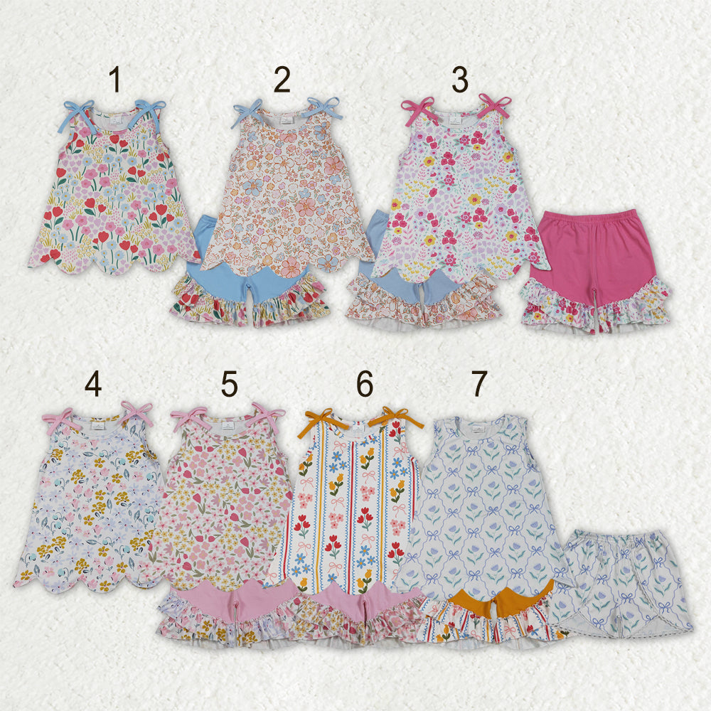 Sibling Baby Girls Colorful Flowers Scallop Tunic Ruffle Short Clothes Sets