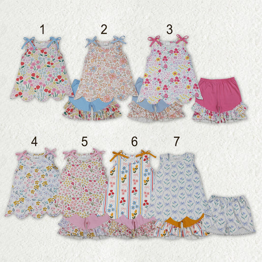 Sibling Baby Girls Colorful Flowers Scallop Tunic Ruffle Short Clothes Sets