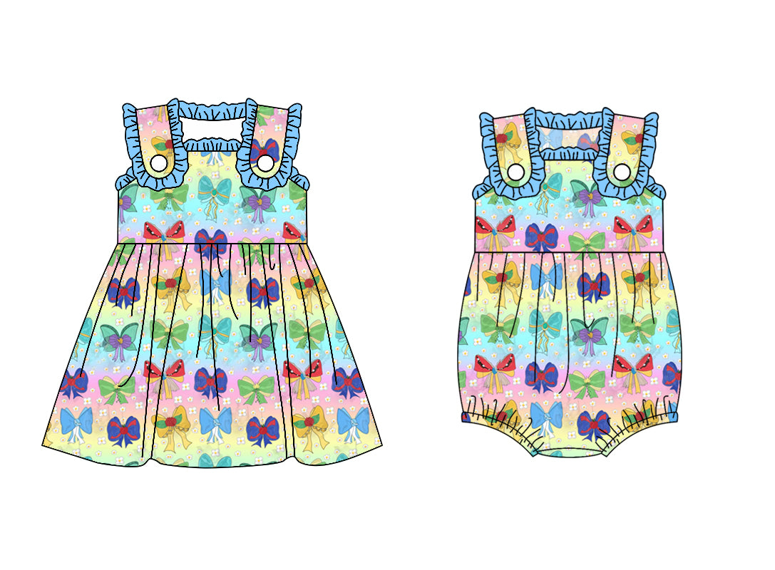 Preorder moq 5 Custom Baby Girls Sleeveless Colorful Bows Knee Length Dress Rompers