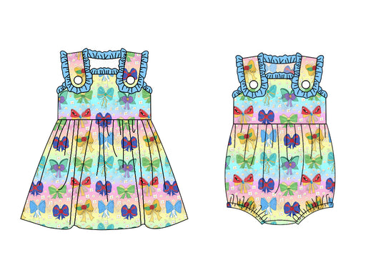 Preorder moq 5 Custom Baby Girls Sleeveless Colorful Bows Knee Length Dress Rompers