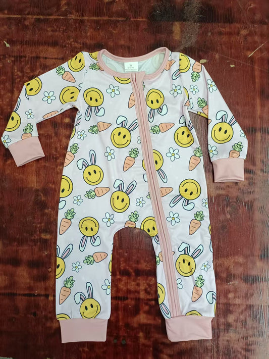Preorder moq 5 Baby Girls Long Sleeves Rabbits Smiles Carrots Zipper Pant Rompers