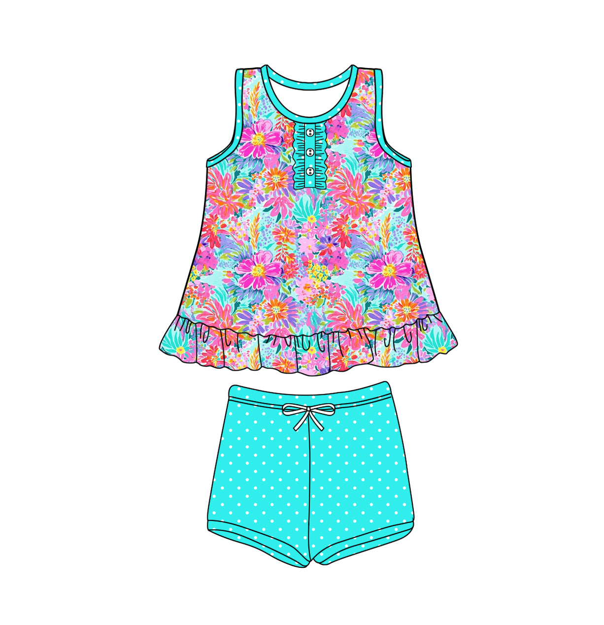 Preorder (moq 5)Baby Girls Blue Flowers Ruffle Tunic Shorts Clothes Sets